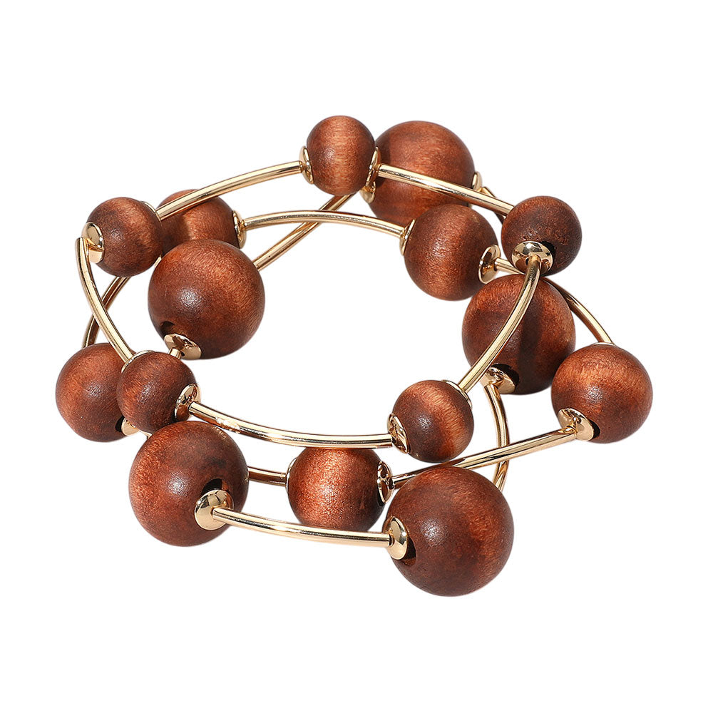 iLLASPARKZ Chunky Wood Ball Metal Bar Beaded Stretch Multi Layered Bracelets