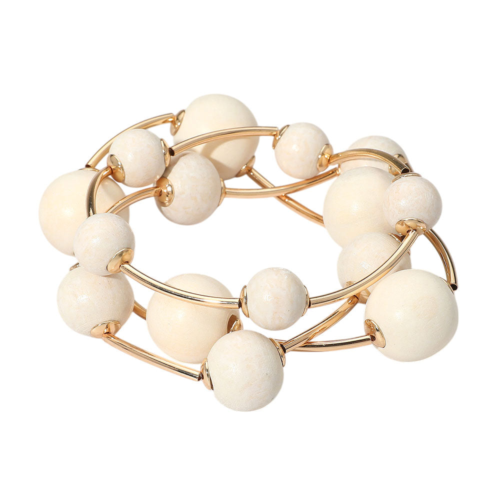 iLLASPARKZ Chunky Wood Ball Metal Bar Beaded Stretch Multi Layered Bracelets
