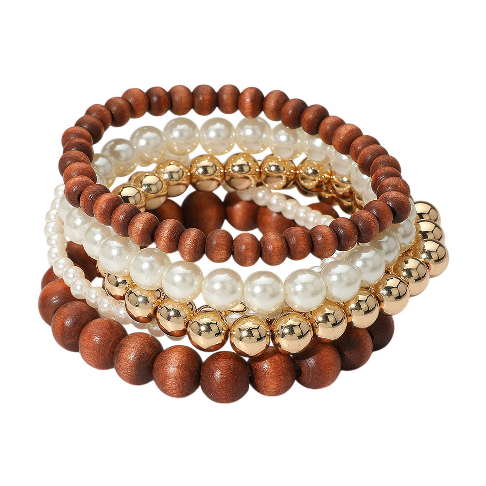 iLLASPARKZ 6PCS - Wooden Metal Pearl Ball Beaded Stretch Multi Layered Bracelets