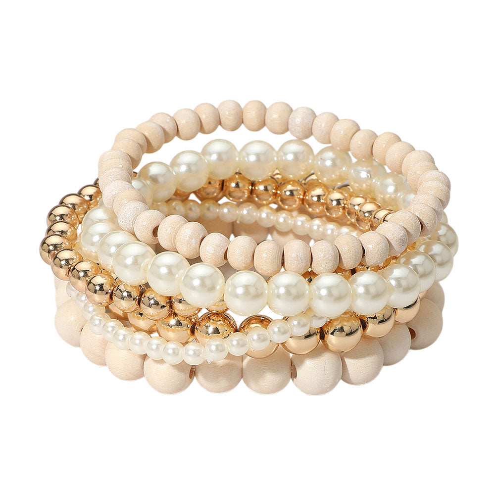 iLLASPARKZ 6PCS - Wooden Metal Pearl Ball Beaded Stretch Multi Layered Bracelets