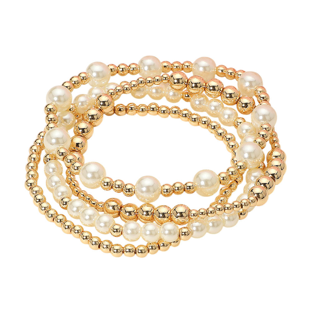 iLLASPARKZ 4PCS - Pearl Metal Ball Beaded Stretch Multi Layered Bracelets
