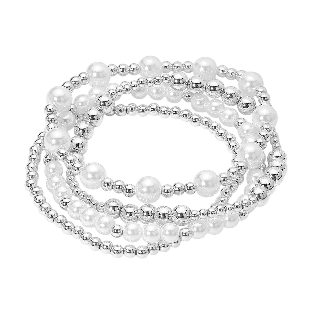 iLLASPARKZ 4PCS - Pearl Metal Ball Beaded Stretch Multi Layered Bracelets