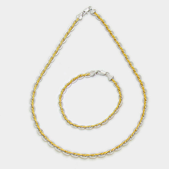iLLASPARKZ Tow Tone Twisted Metal Chain Necklace with Bracelet