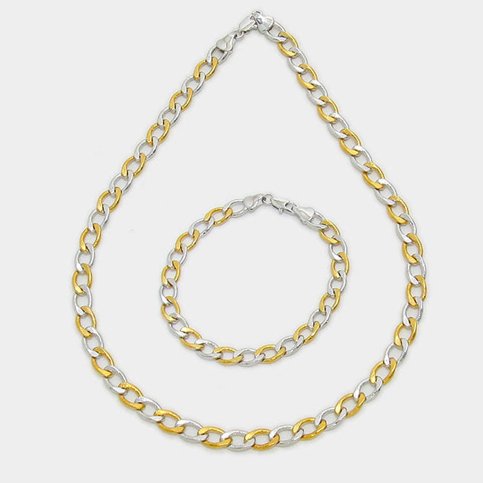 iLLASPARKZ Tow Tone Metal Curb Chain Necklace with Bracelet