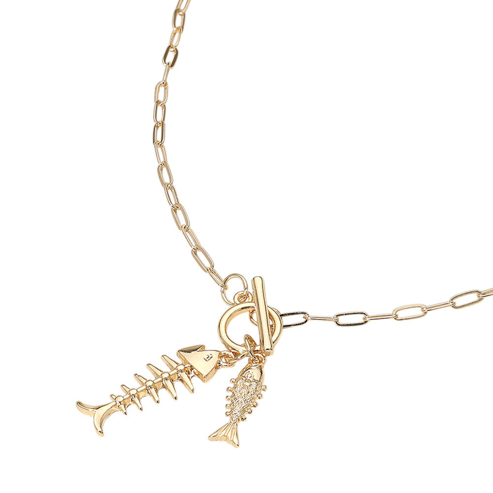 iLLASPARKZ Fishbone Charm Toggle Pendant Paper Clip Chain Necklace