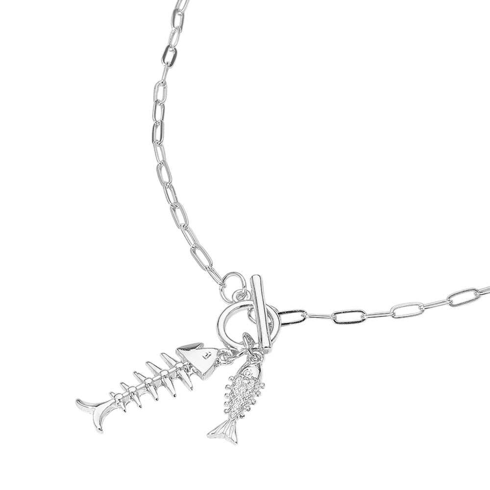 iLLASPARKZ Fishbone Charm Toggle Pendant Paper Clip Chain Necklace