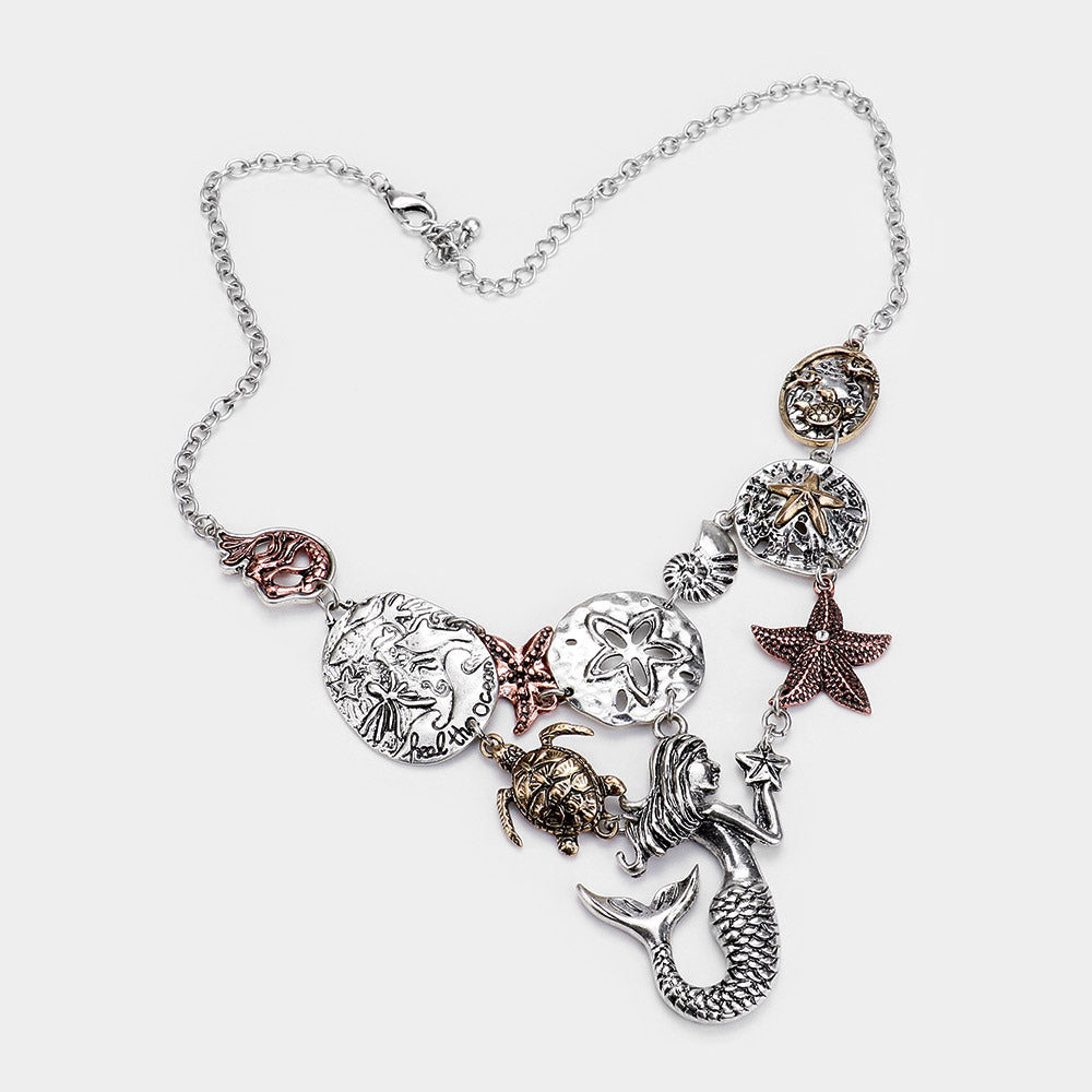 iLLASPARKZ Antique Metal Mermaid Sea Life Link Bib Necklace