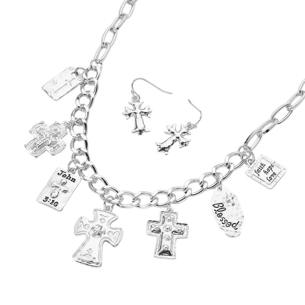 iLLASPARKZ Metal Cross Bible Charm Station Chunky Chain Necklace