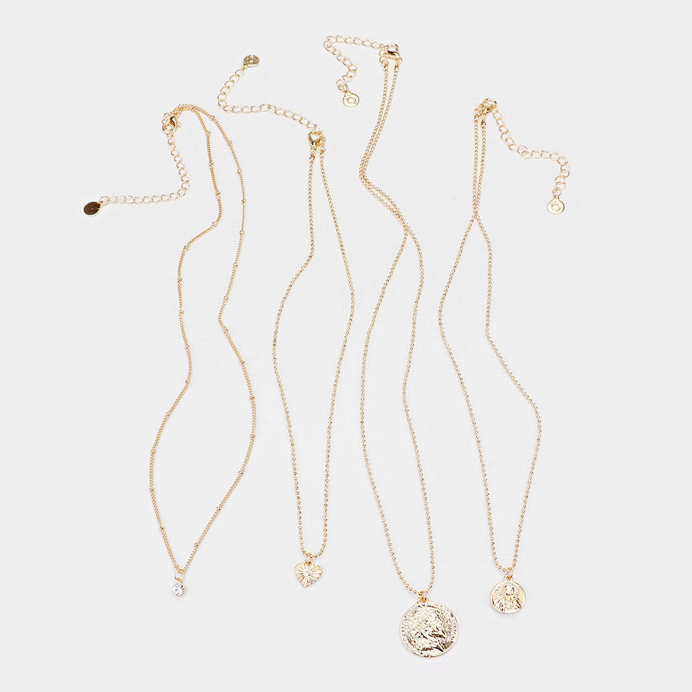 iLLASPARKZ 4Pcs - Crystal Textured Metal Pendants Layered Necklace