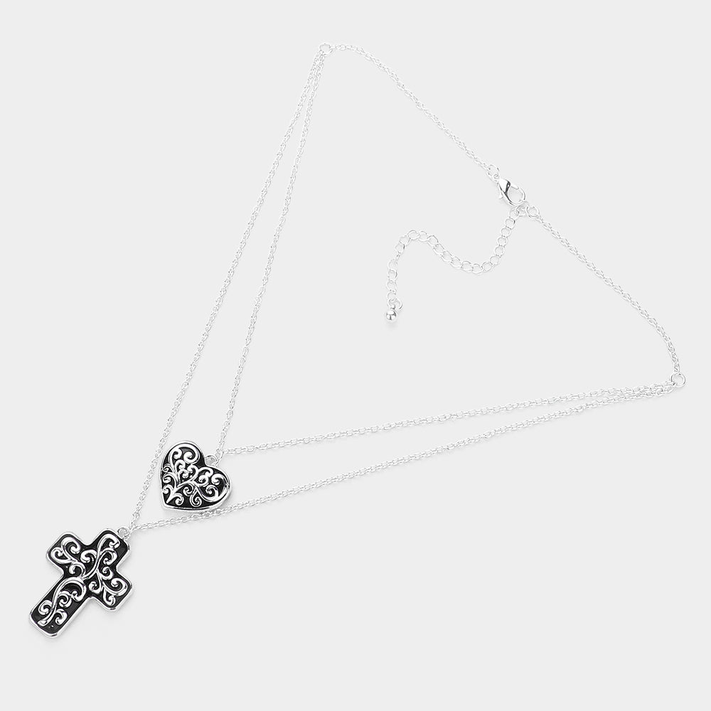 iLLASPARKZ Antique Metal Heart Cross Pendant Layered Necklace