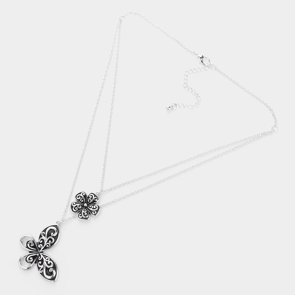 iLLASPARKZ Antique Metal Flower Butterfly Pendant Layered Necklace