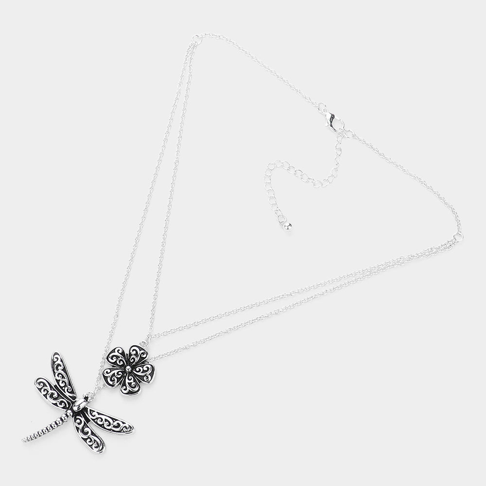 iLLASPARKZ Antique Metal Flower Dragonfly Pendant Layered Necklace