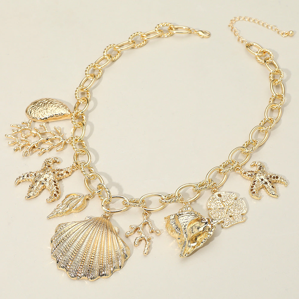 iLLASPARKZ Textured Metal Sea Shell Starfish Coral Charm Station Necklace