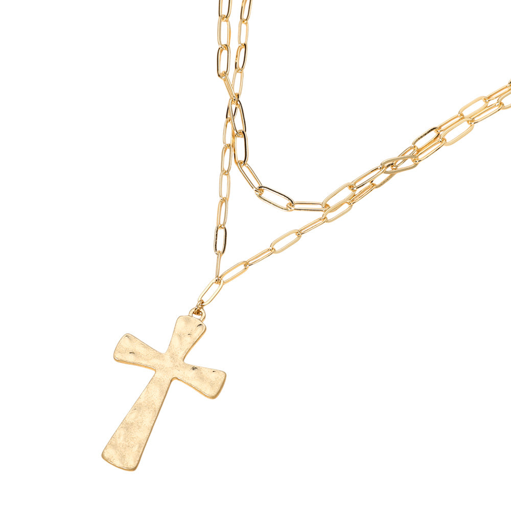 iLLASPARKZ Hammered Brushed Metal Cross Pendant Double Layered Paperclip Chain Necklace