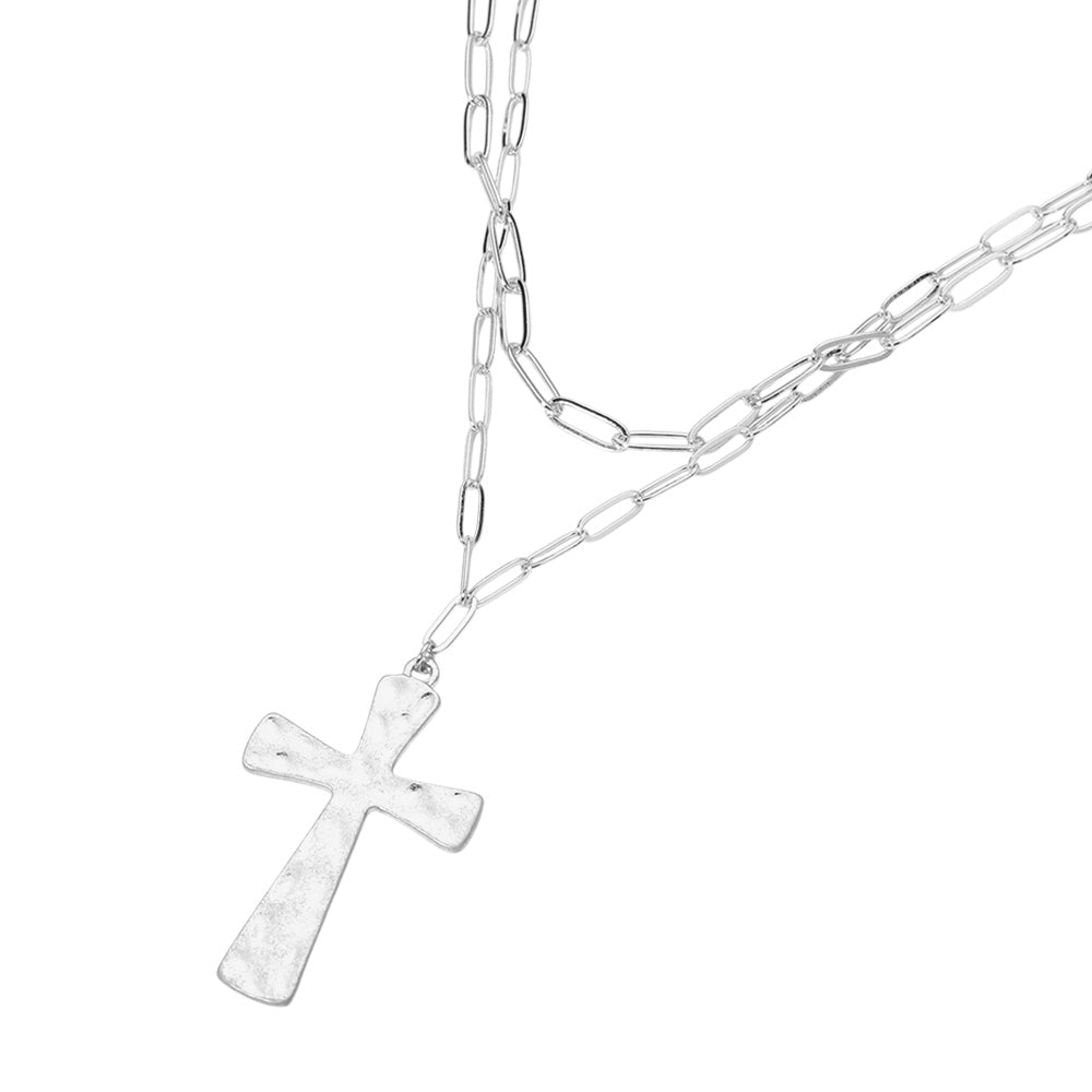 iLLASPARKZ Hammered Brushed Metal Cross Pendant Double Layered Paperclip Chain Necklace