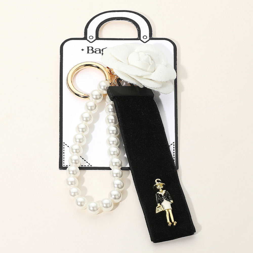 iLLASPARKZ SECRET BOX_Pearl Beaded Wristlet Flower Lady Velvet Strap Bag Charm / Keychain