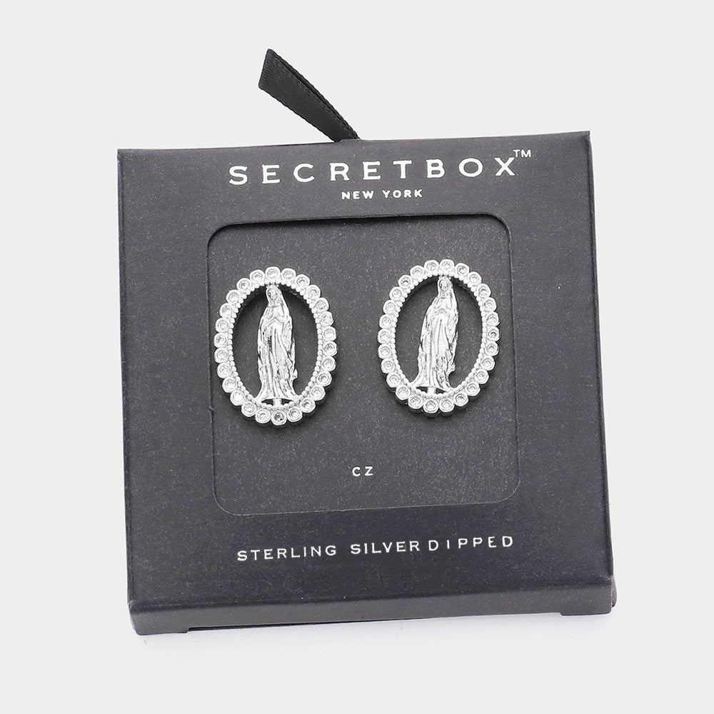 iLLASPARKZ SECRET BOX_Sterling Silver Dipped CZ Stone Paved Virgin Mother Mary Stud Earrings