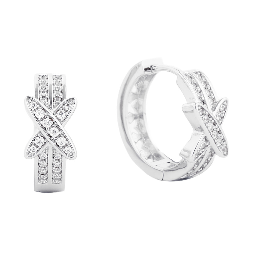 iLLASPARKZ 14K White Gold Dipped CZ Paved Crisscross Huggie Hoop Earrings