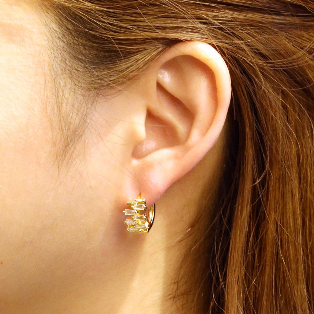 iLLASPARKZ 14K Gold Dipped Disorganize CZ Stone Embellished Huggie Hoop Earrings