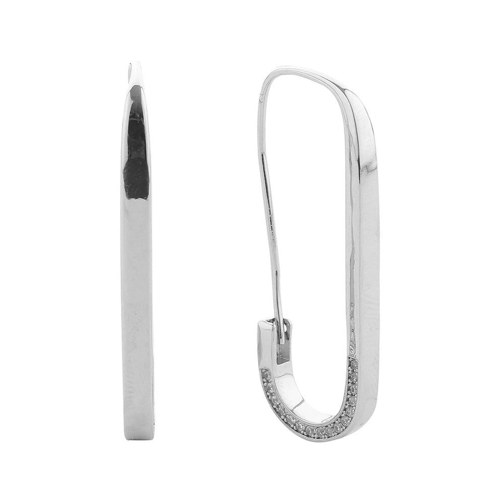 iLLASPARKZ White Gold Dipped CZ Stone Paved Safety Pin Hoop Earrings