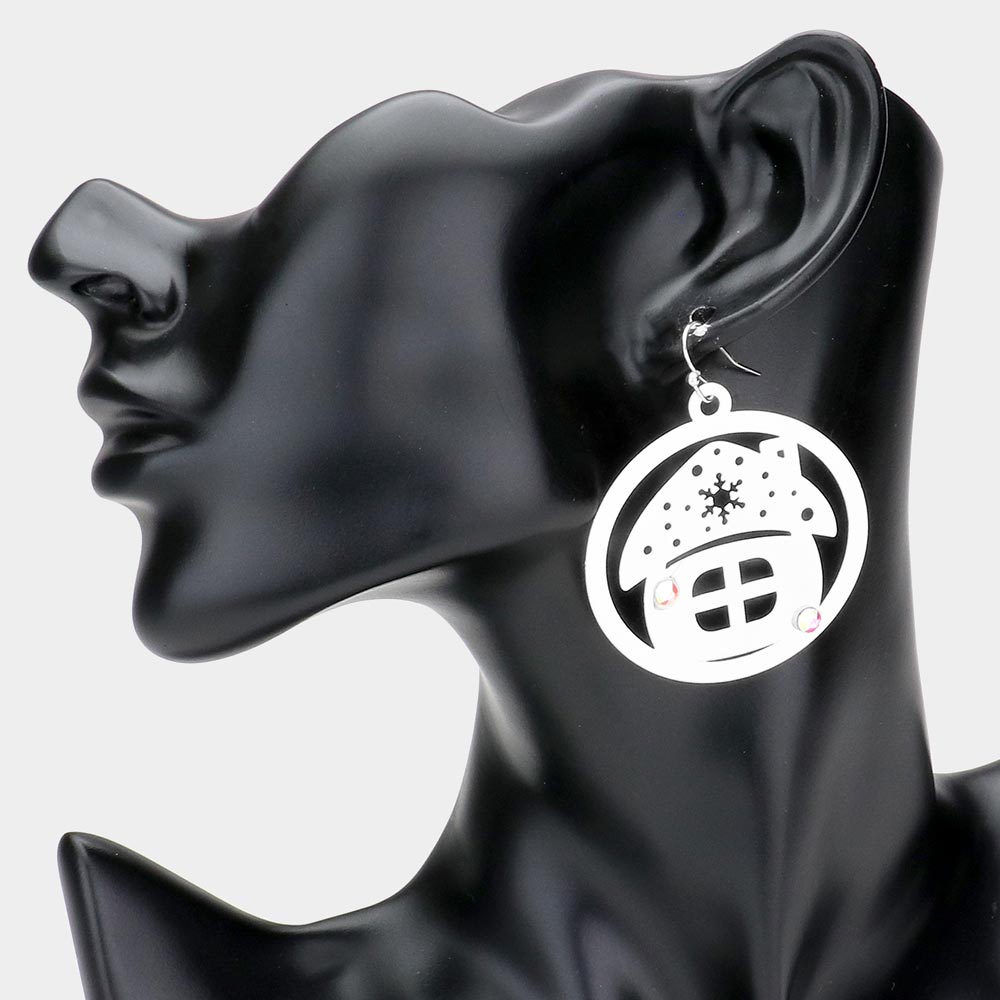 iLLASPARKZ Stone Embellished Cutout Christmas House Brass Metal Round Dangle Earrings