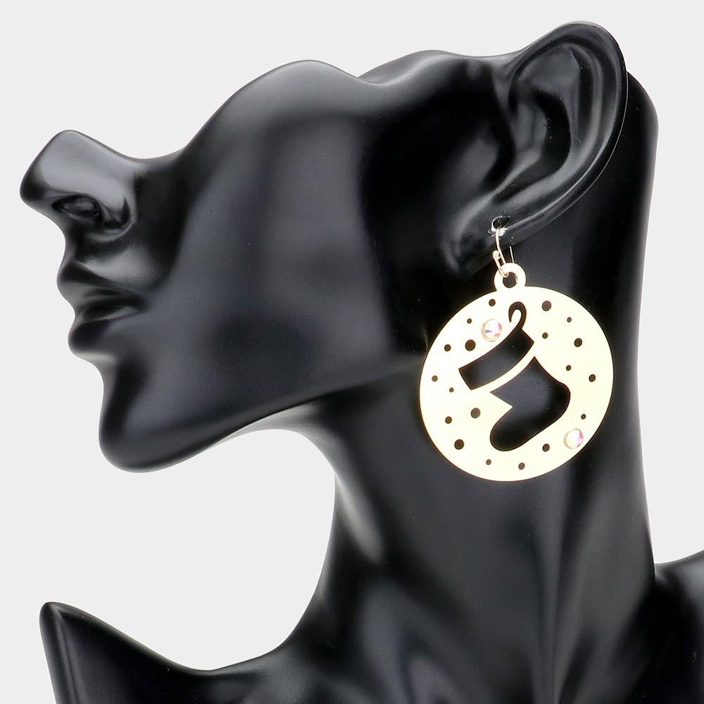 iLLASPARKZ Stone Embellished Cutout Christmas Socks Brass Metal Round Dangle Earrings