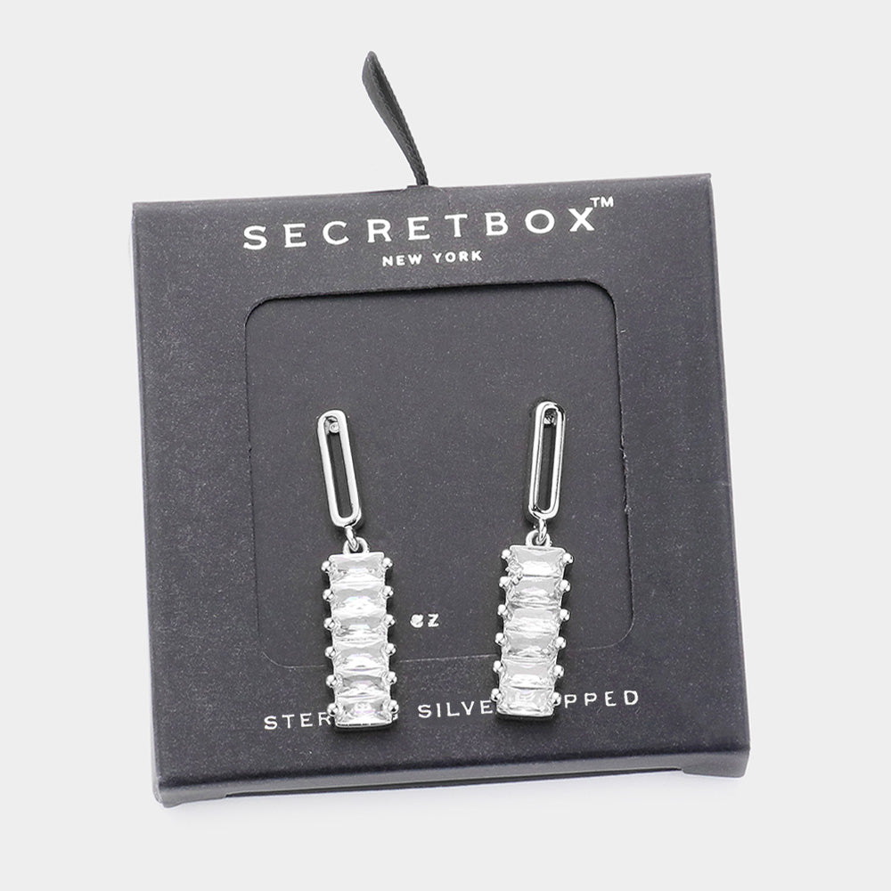 iLLASPARKZ SECRET BOX_Sterling Silver Dipped Baguette CZ Stone Accented Dangle Earrings