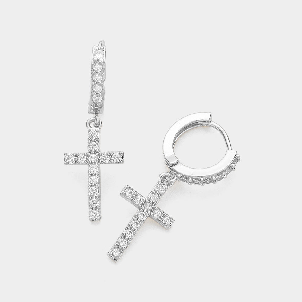 iLLASPARKZ CZ Stone Paved Cross Dangle Huggie Earrings