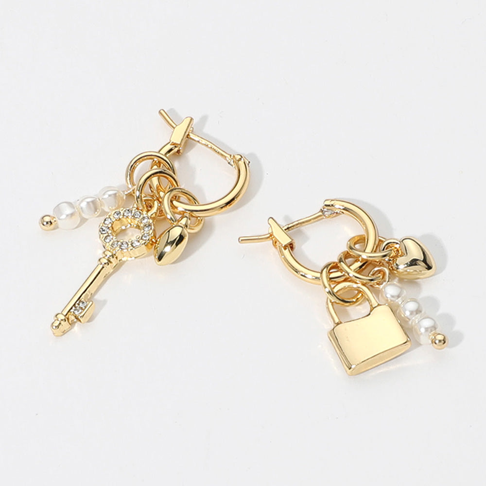 iLLASPARKZ SECRET BOX_14K Gold Dipped Pearl Cluster Key Lock Heart Charm Dangle Pin Catch Hoop Earrings
