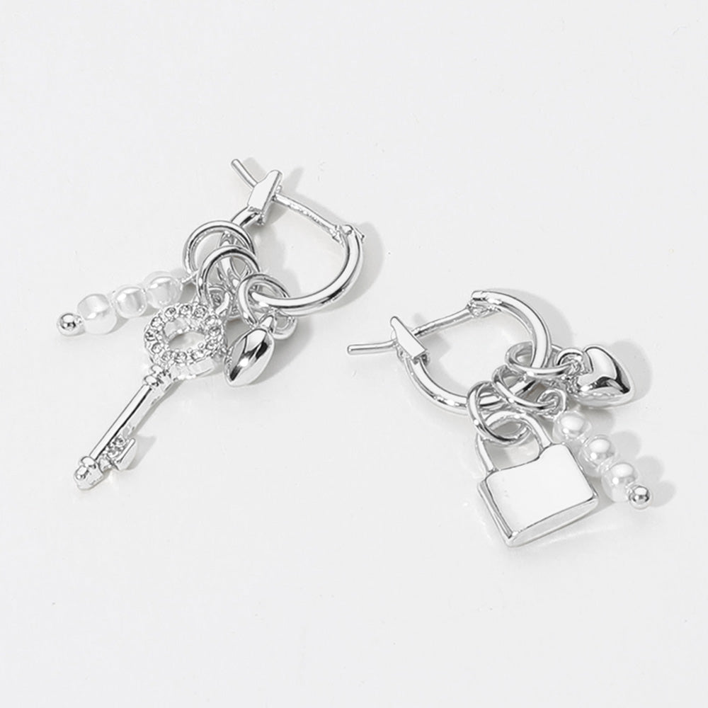 iLLASPARKZ SECRET BOX_Sterling Silver Dipped Pearl Cluster Key Lock Heart Charm Dangle Pin Catch Hoop Earrings