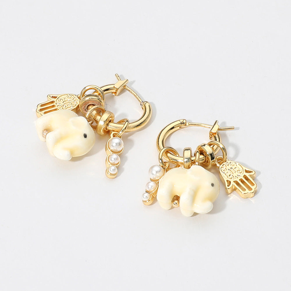 iLLASPARKZ SECRET BOX_14K Gold Dipped Ceramic Elephant Hamsa Hand Pearl Cluster Charm Dangle Pin Catch Hoop Earrings