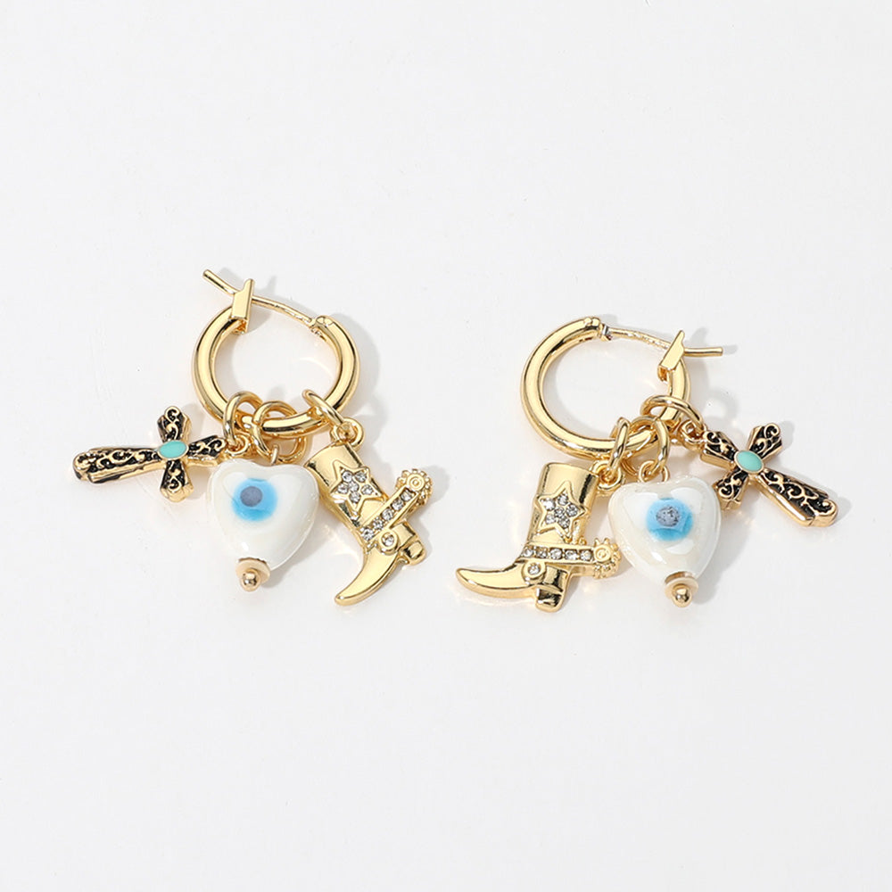 iLLASPARKZ SECRET BOX_14K Gold Dipped Ceramic Evil Eye Heart Cross Western Boot Charm Dangle Pin Catch Hoop Earrings