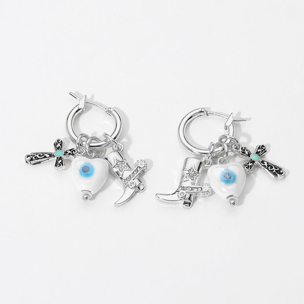 iLLASPARKZ SECRET BOX_Sterling Dipped Ceramic Evil Eye Heart Cross Western Boot Charm Dangle Pin Catch Hoop Earrings
