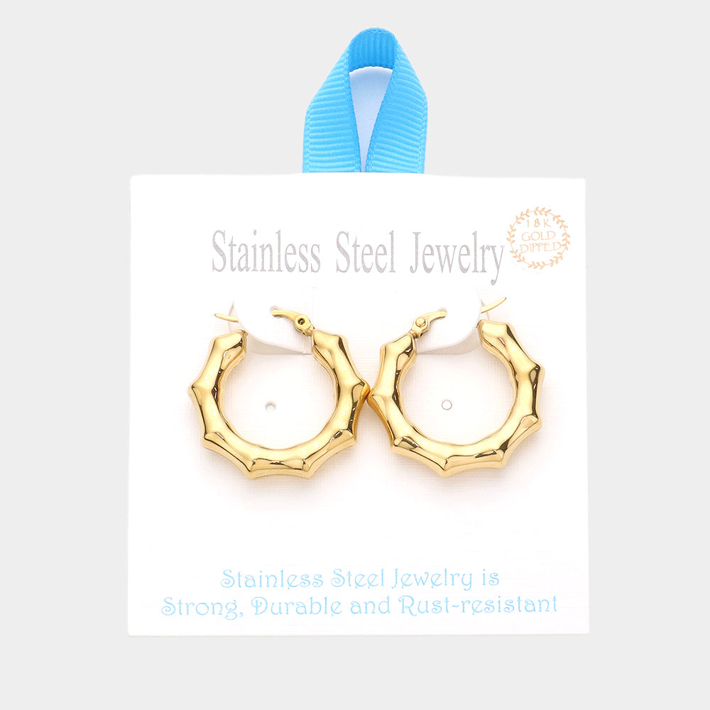 iLLASPARKZ 18K Gold Dipped Stainless Steel 1.2 Inch Metal Bamboo Hoop Pin Catch Earrings