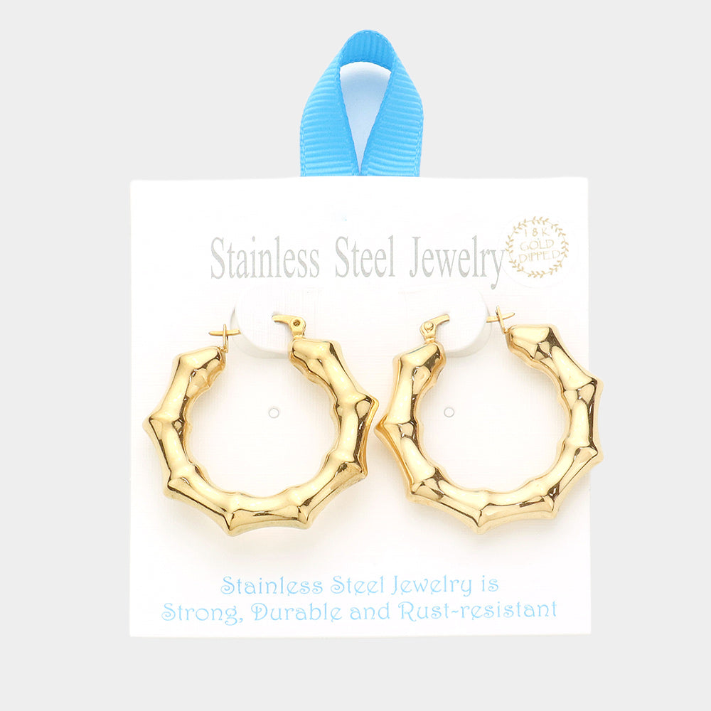 iLLASPARKZ 18K Gold Dipped Stainless Steel 1.5 Inch Metal Bamboo Hoop Pin Catch Earrings