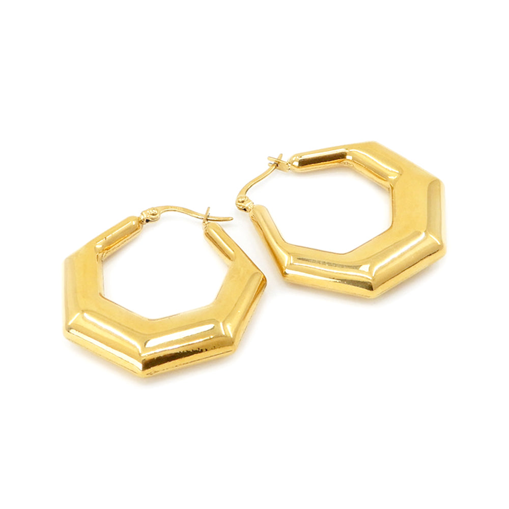 iLLASPARKZ 18K Gold Dipped Stainless Steel 1.4 Inch Metal Heptagon Hoop Pin Catch Earrings