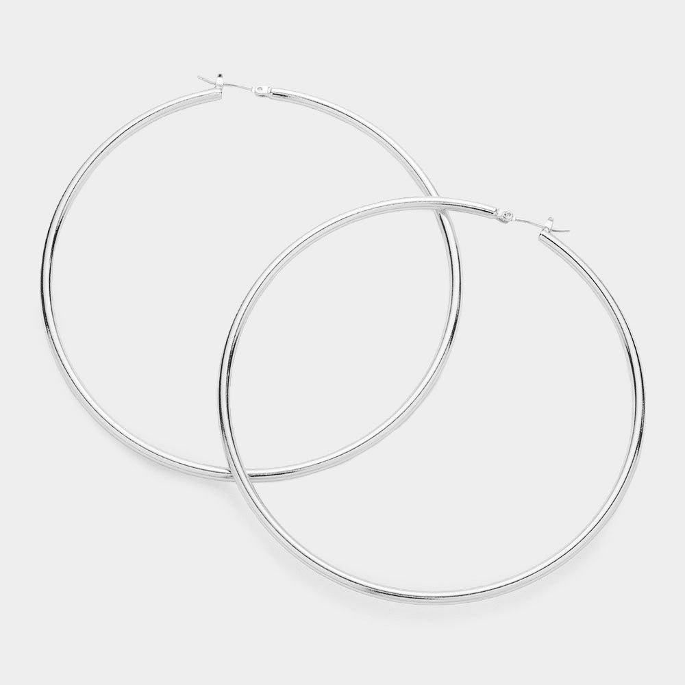 iLLASPARKZ White Gold Dipped 3 Inch Brass Metal Hoop Pin Catch Earrings