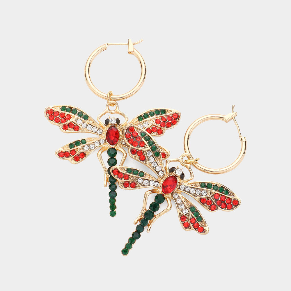 iLLASPARKZ Metal Hoop Rhinestone Embellished Dragonfly Dangle Pin Catch Earrings