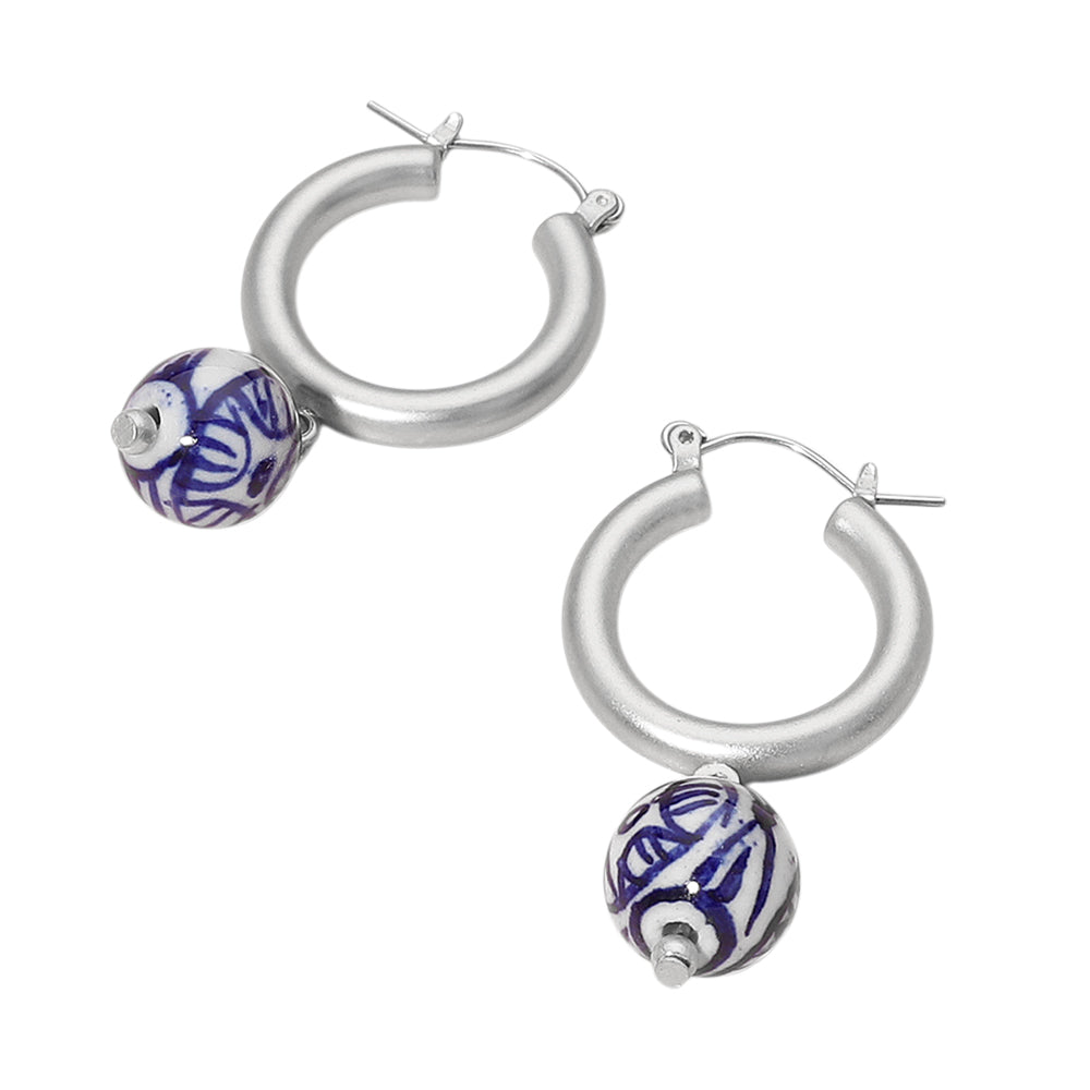 iLLASPARKZ Silver Dipped Ceramic Ball Dangle Pin Catch Hoop Earrings