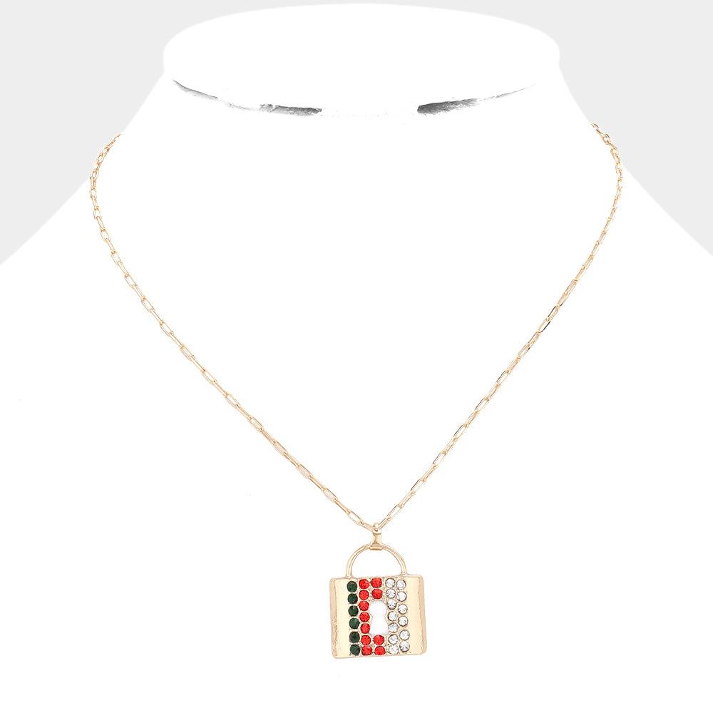 iLLASPARKZ Color Block Rhinestone Embellished Lock Pendant Necklace