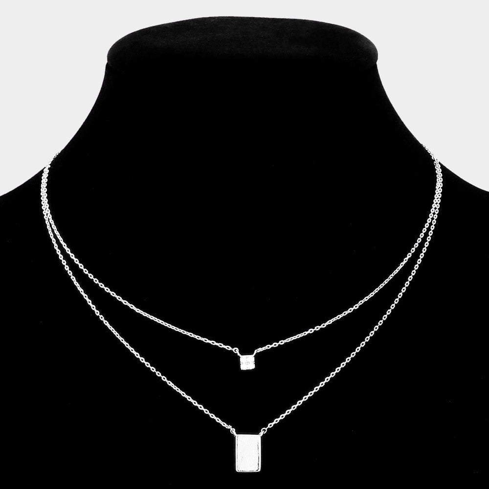 iLLASPARKZ CZ Embellished Square Brass Metal Rectangle Pendant Double Layered Necklace