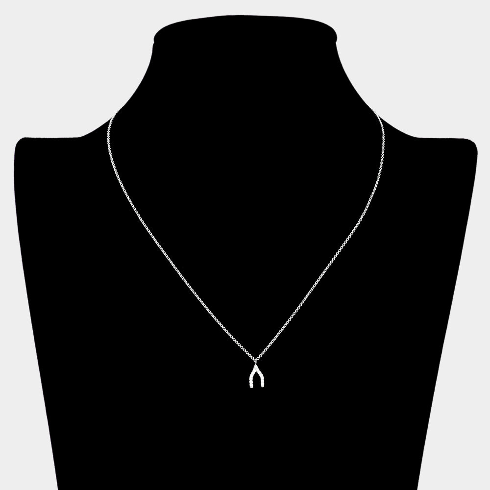 iLLASPARKZ SECRET BOX_Sterling Silver Dipped CZ Stone Paved Wishbone Pendant Necklace