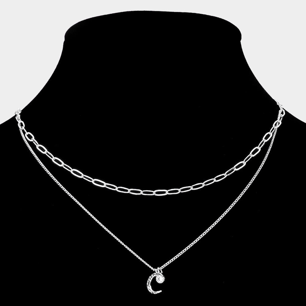 iLLASPARKZ Round CZ Brass Metal Crescent Moon Pendant Double Layered Necklace