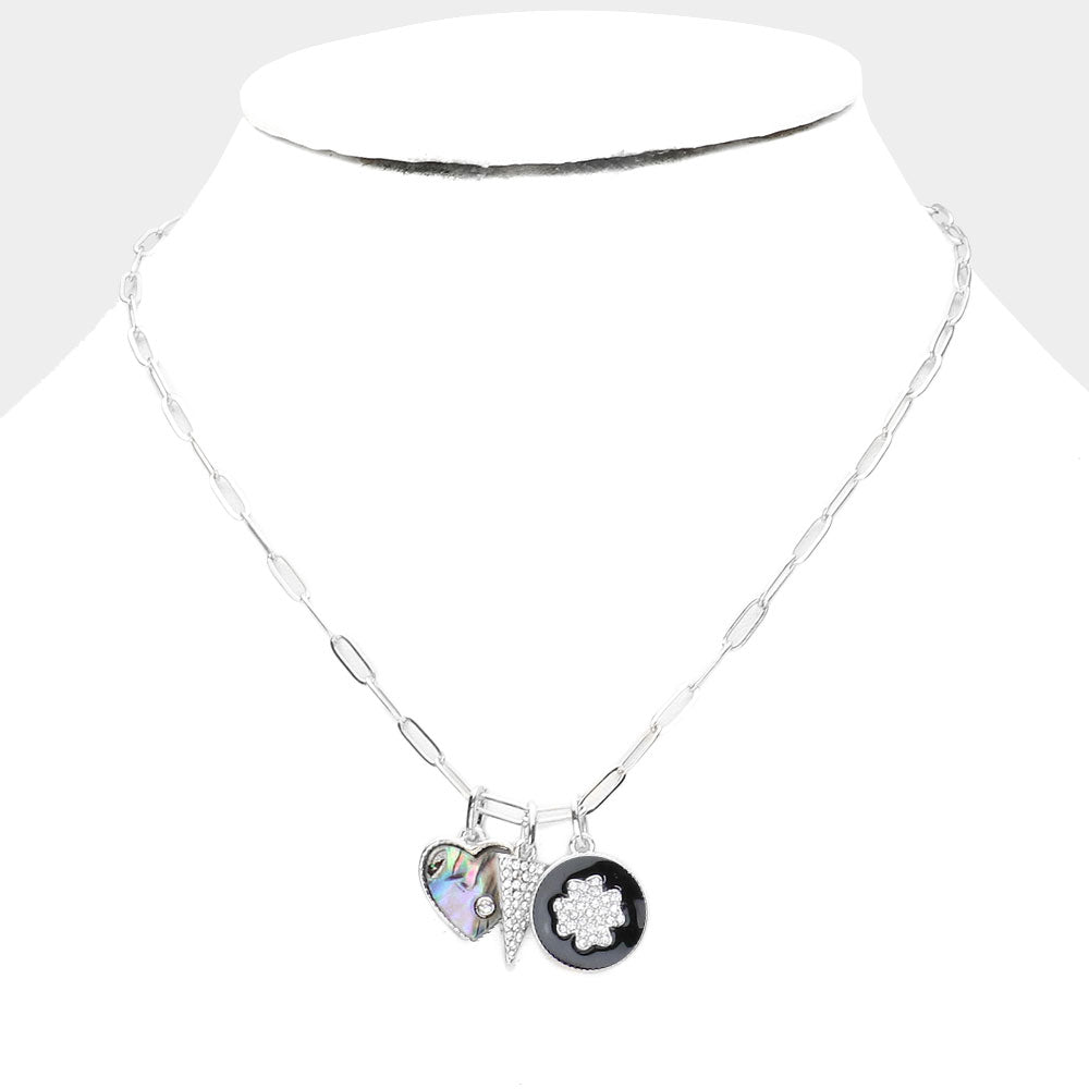 iLLASPARKZ Rhinestone Embellished Abalone Heart Triangle Quatrefoil Pendant Necklace