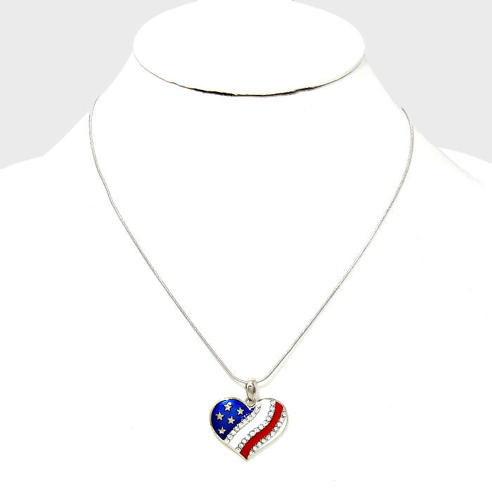 iLLASPARKZ Crystal Accented Enamel Heart American Flag Pendant Necklace