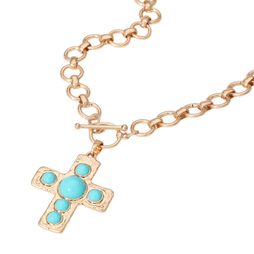 iLLASPARKZ Turquoise Stone Cross Pendant Chunky Chain Necklace