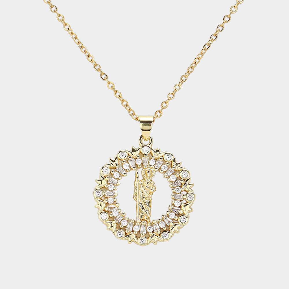 iLLASPARKZ Stainless Steel CZ Stone Paved San Judas Tadeo Pendant Necklace