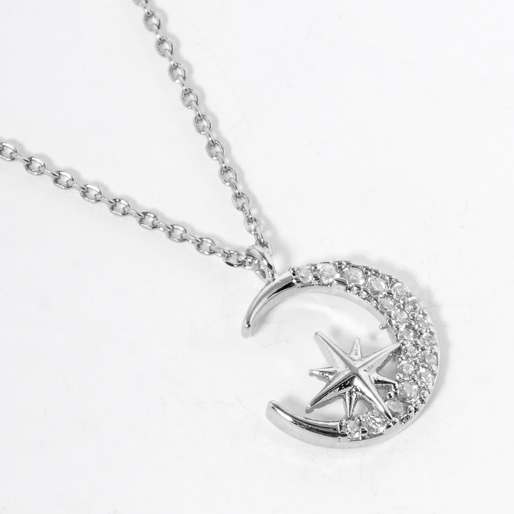 iLLASPARKZ White Gold Dipped Rhinestone Embellished Crescent Moon North Star Pendant Necklace