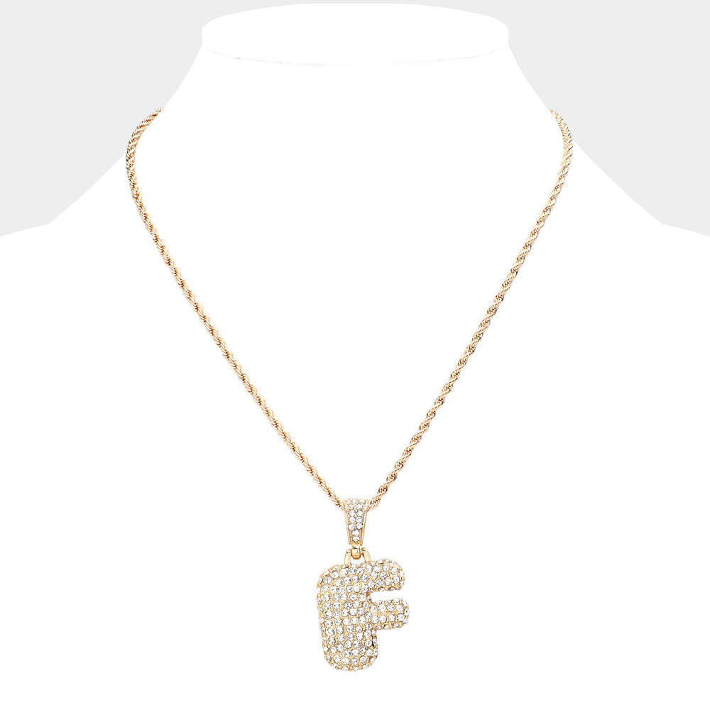 iLLASPARKZ -F- Rhinestone Monogram Pendant Brass Chain Necklace