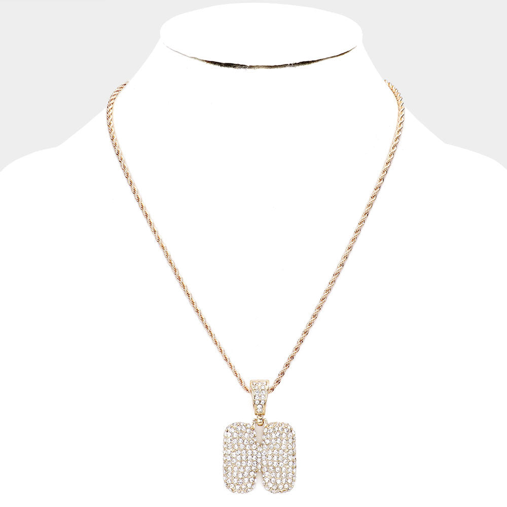 iLLASPARKZ -H- Rhinestone Monogram Pendant Brass Chain Necklace